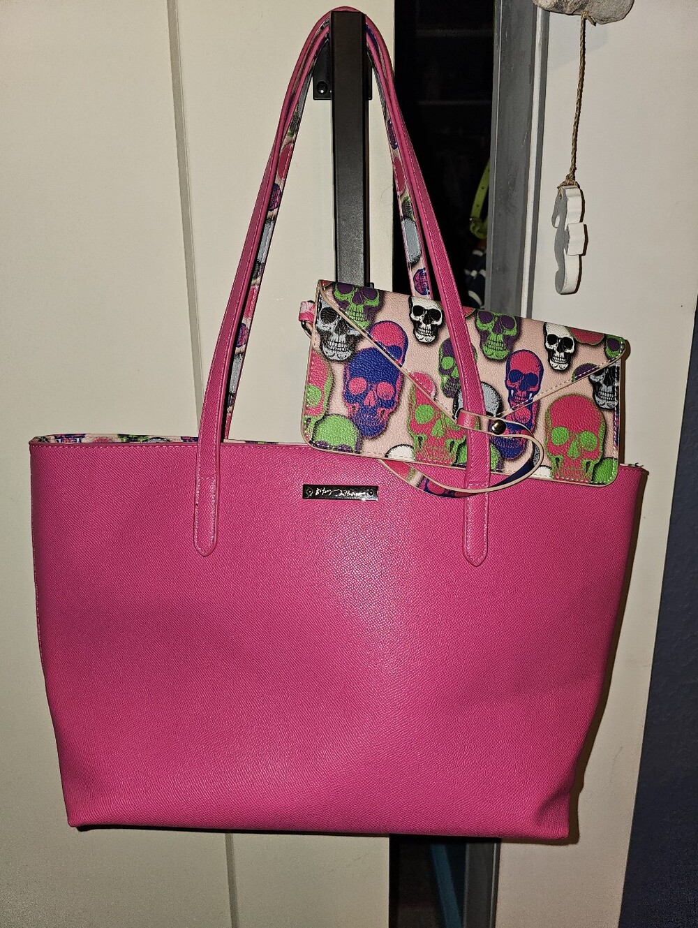 Betsy Johnson Hot Pink Skull Purse With Attached Wallet READ